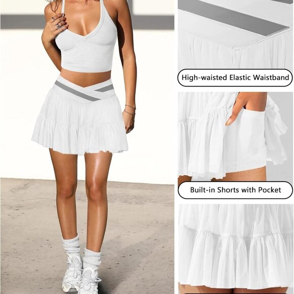 White Women's Mini Pleated Flowy Ruffle Tennis Skirt with Shorts Pockets - Picture 4 of 6
